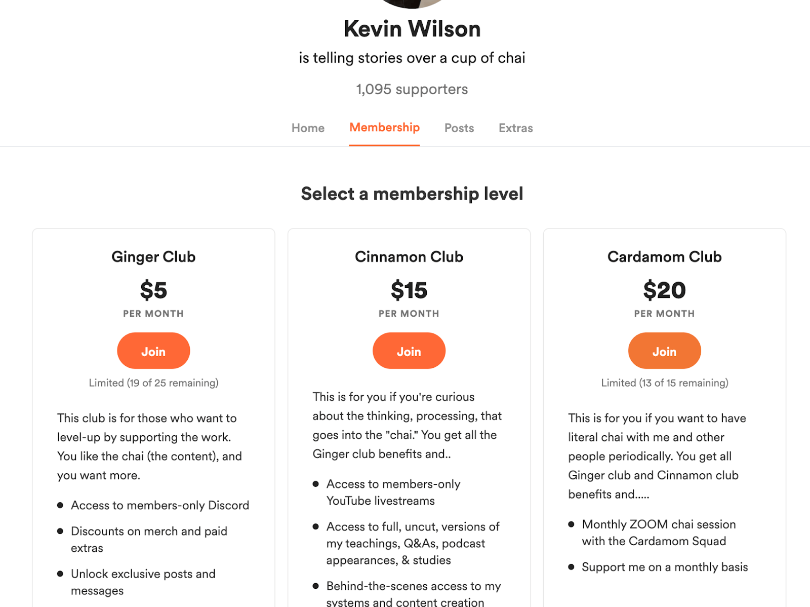 Image of different membership levels of a platform, like Patreon & Buymeacoffee, that empower creators to monetize directly from their fans.