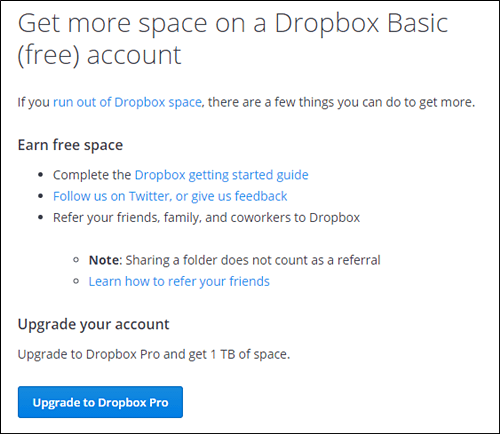 Image of Dropbox prompt prompting users to upgrade from the basic plan to the paid plan.
