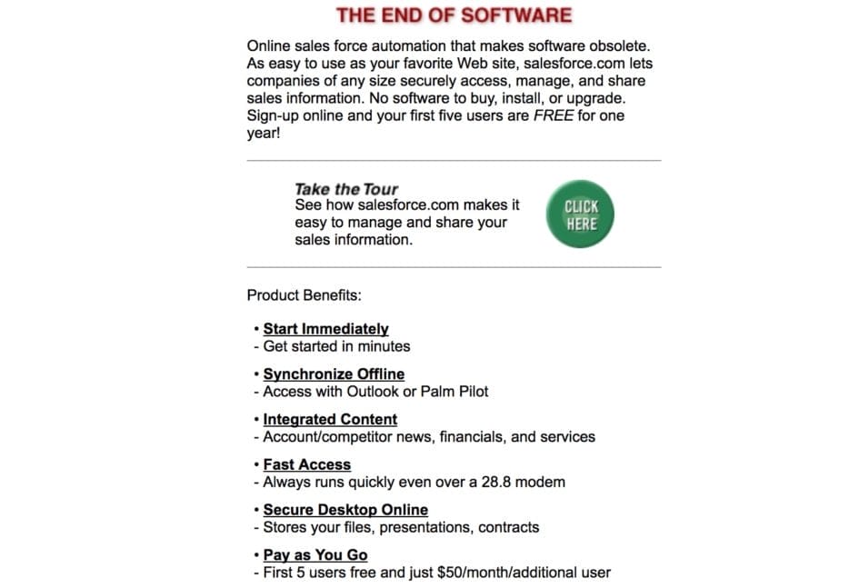 Image of Salesforce's “The end of software” and moving to online sales force automation with product benefits.