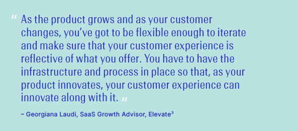 Quote about product and customer evolution by Georgiana Laudi, Saas Growth Advisor, Elevate