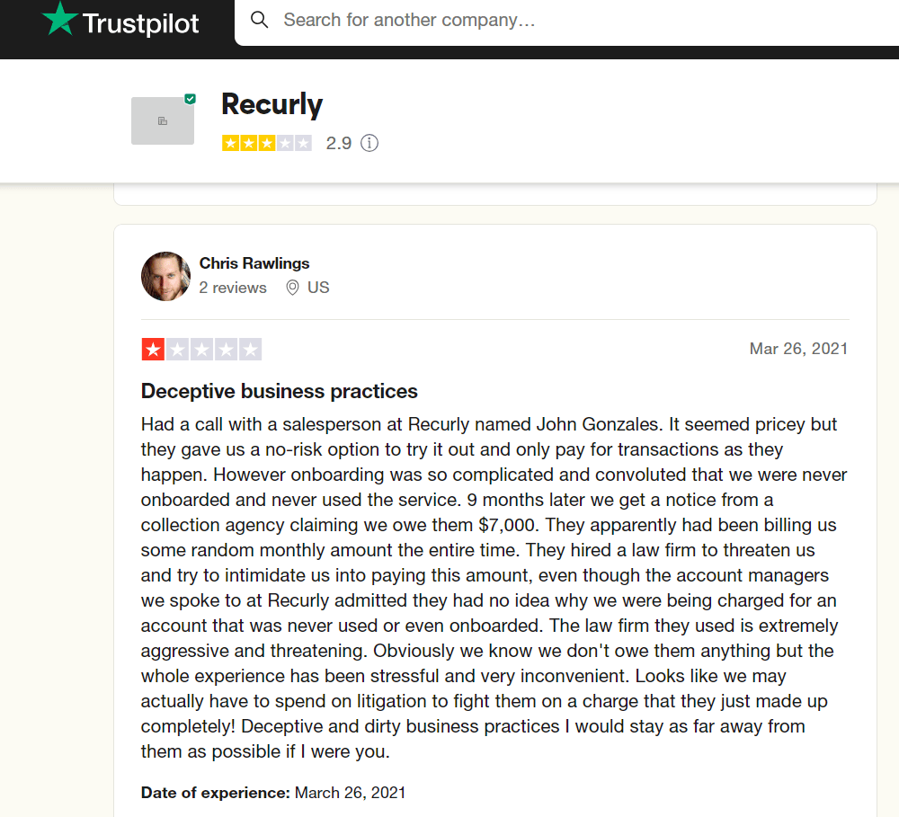 This screenshot displays a customer review about Recurly's complicated onboarding and billing practices that caused legal problems.