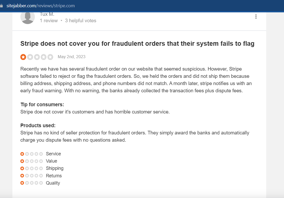 A screenshot of a review given by a Stripe customer on the lack of seller protection.