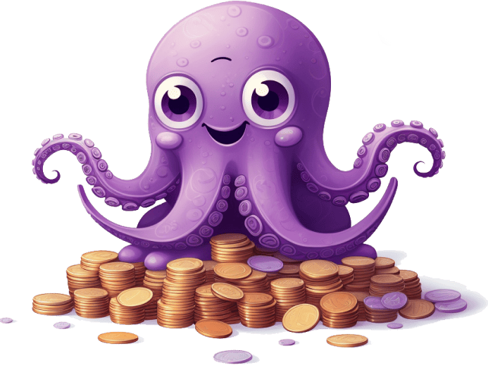 A cute cartoon purple octopus with pile of golden coins.