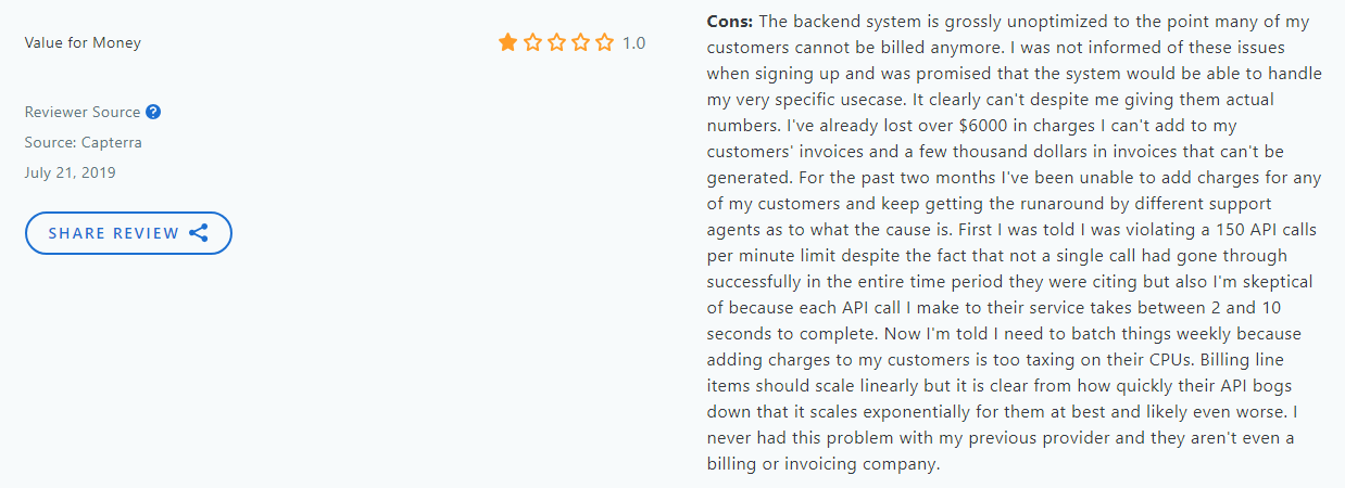 Image alt text: Chargebee reviews from the Capterra site show the ratings for value for money with cons.