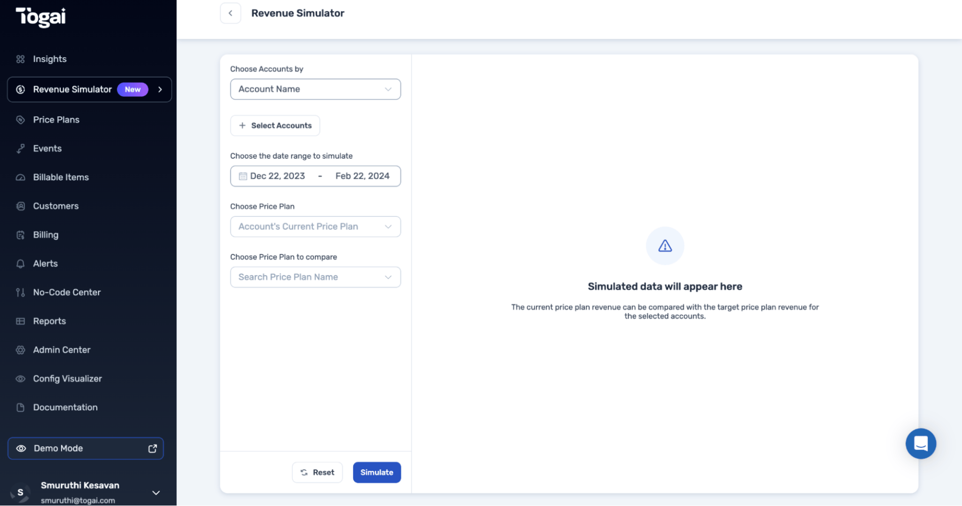 Screenshot of the Revenue Simulator feature of Togai.