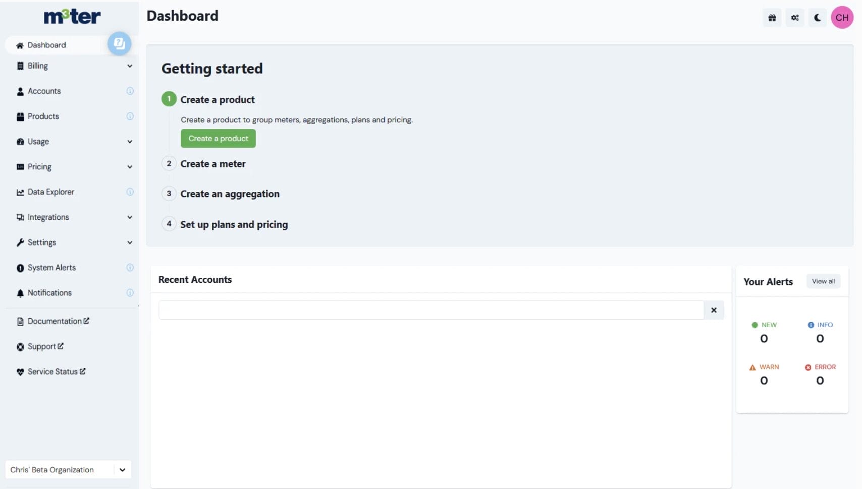 The billing setup dashboard of M3ter listing the steps involved.