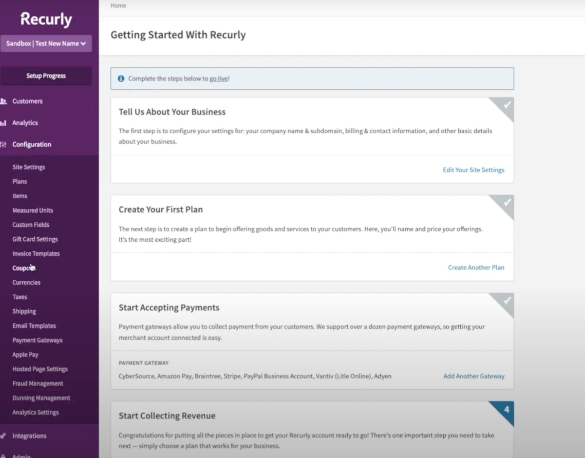 The screenshot showing the setup steps followed in Recurly.