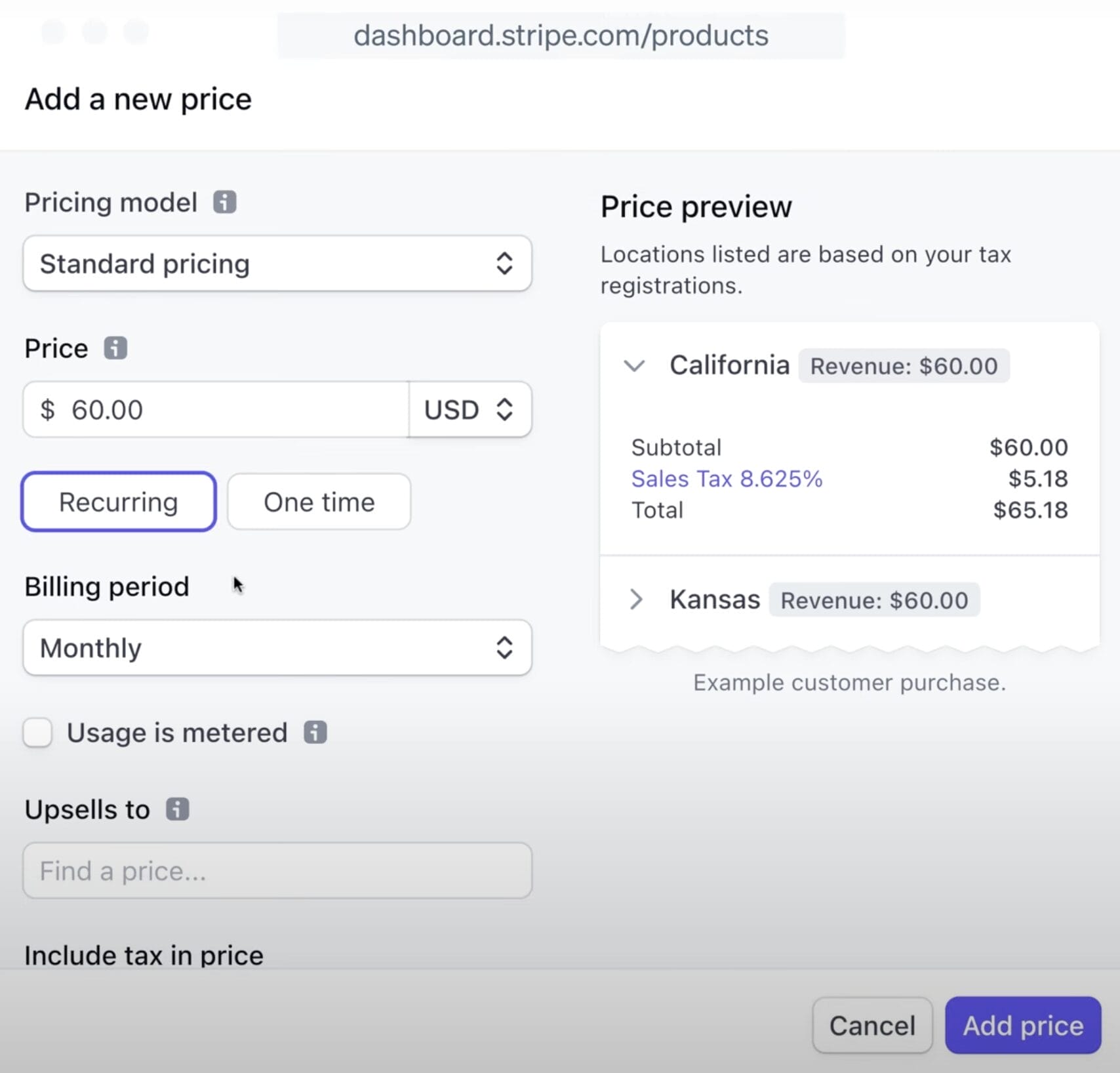 The Stripe's pricing dashboard with billing period and pricing preview.