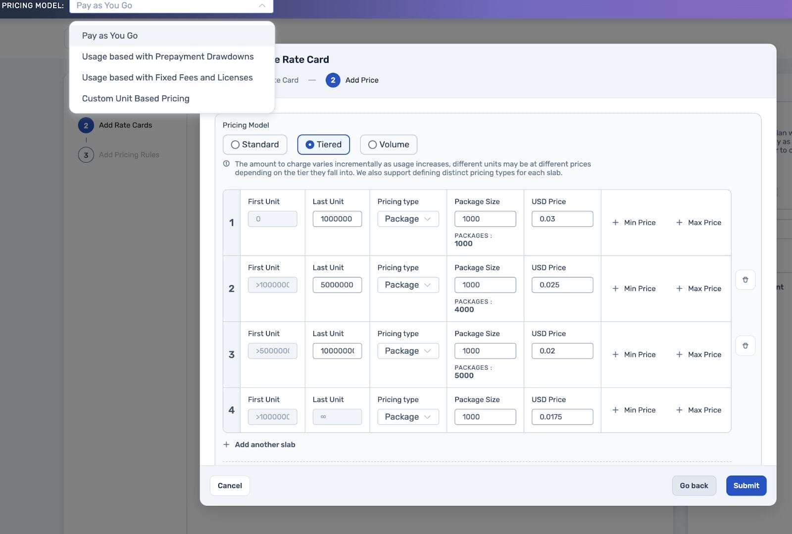 Togai's tiered pricing setup dashboard.