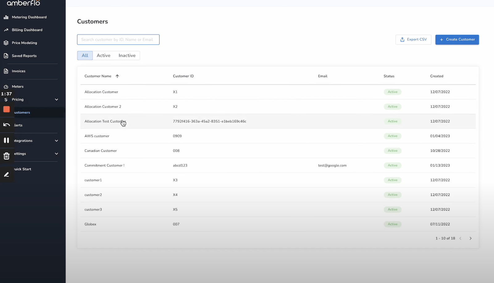 Screenshot showing Amberflo's customer list.