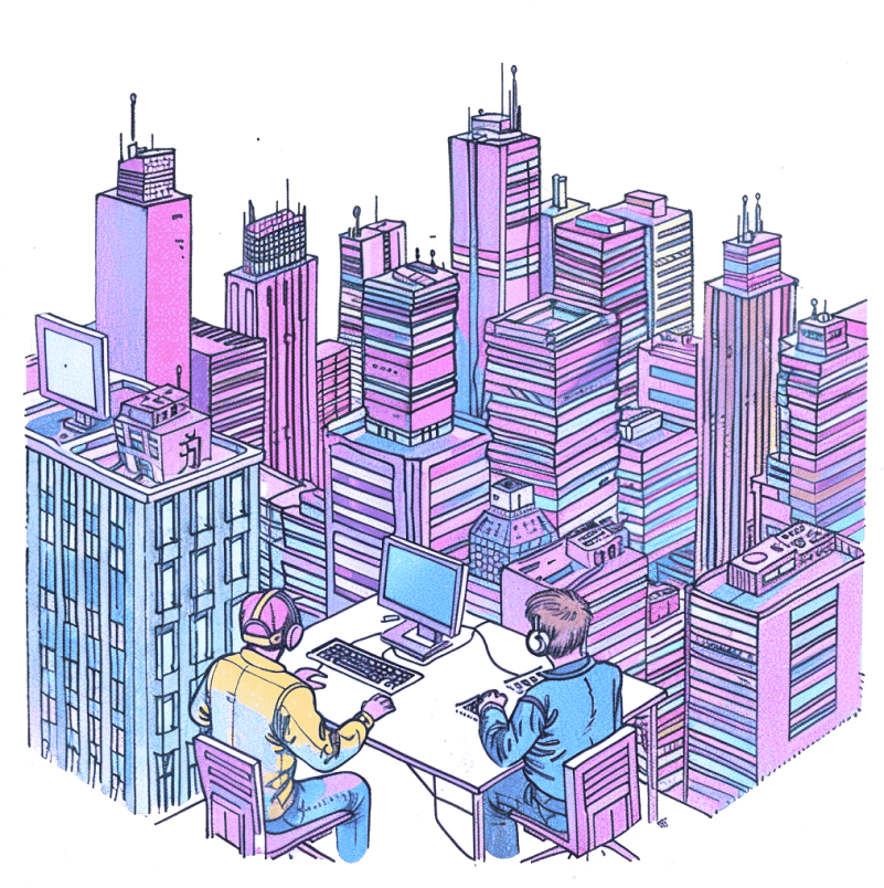 A sketch of professionals working amidst tall towers with laptop and gadgets.