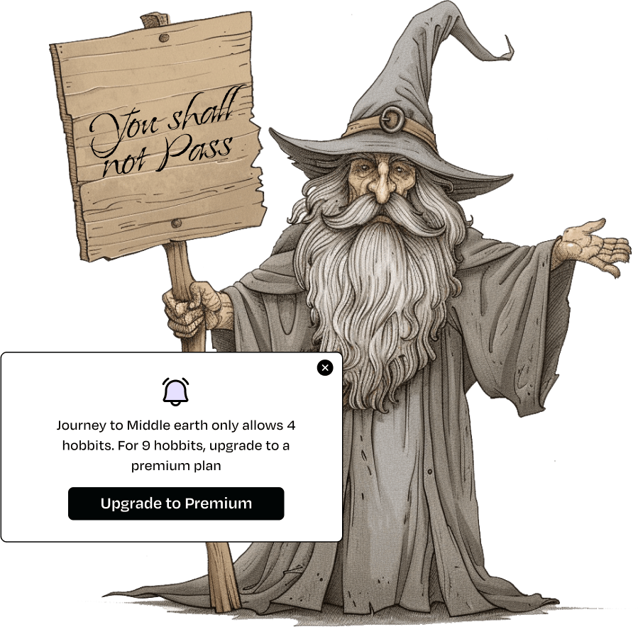 A short male wizard with a board asking to upgrade to premium plans.