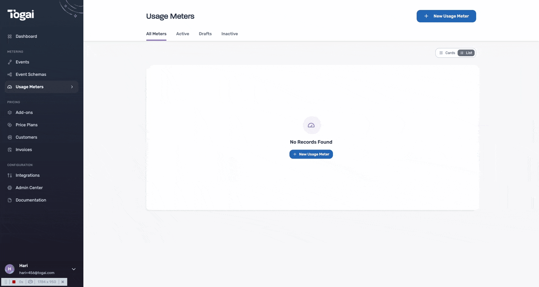 An animated process for creating new usage meters in Togai platform.