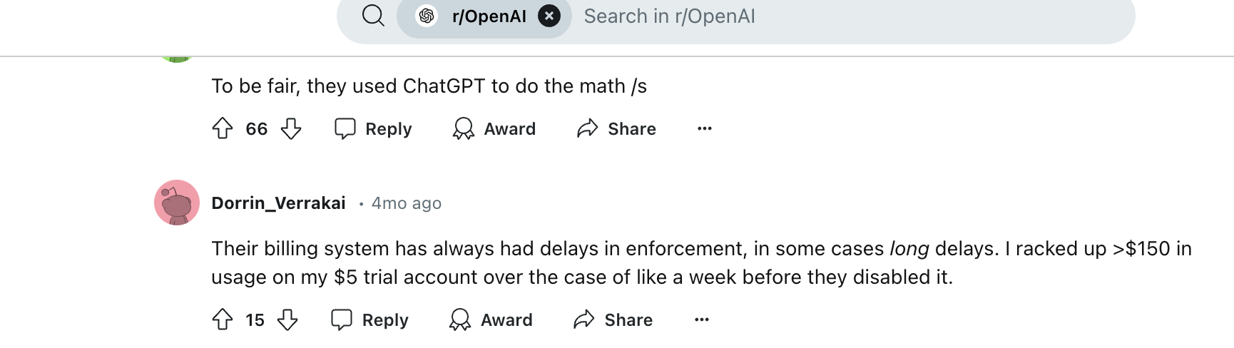 A comment by a frustrated user about OpenAI's billing system.