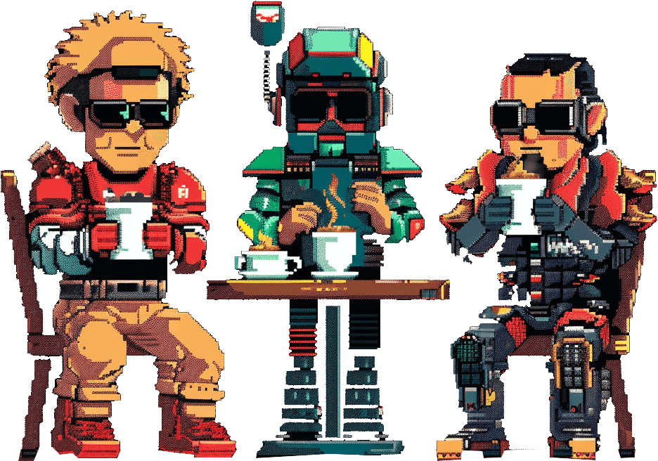 Three gaming characters in different costume.