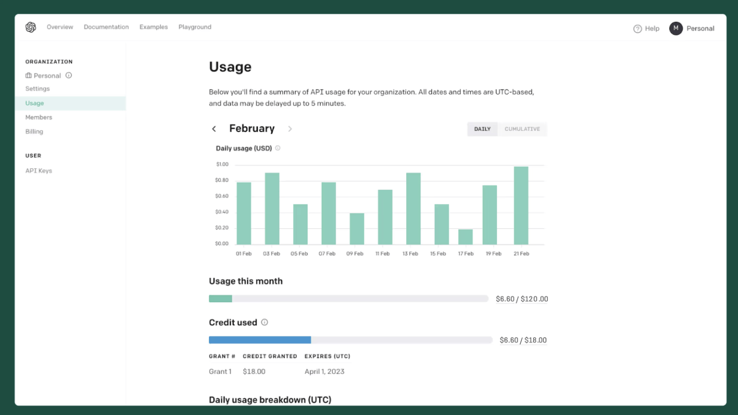 The OpenAI dashboard shows the month-based usage insights.