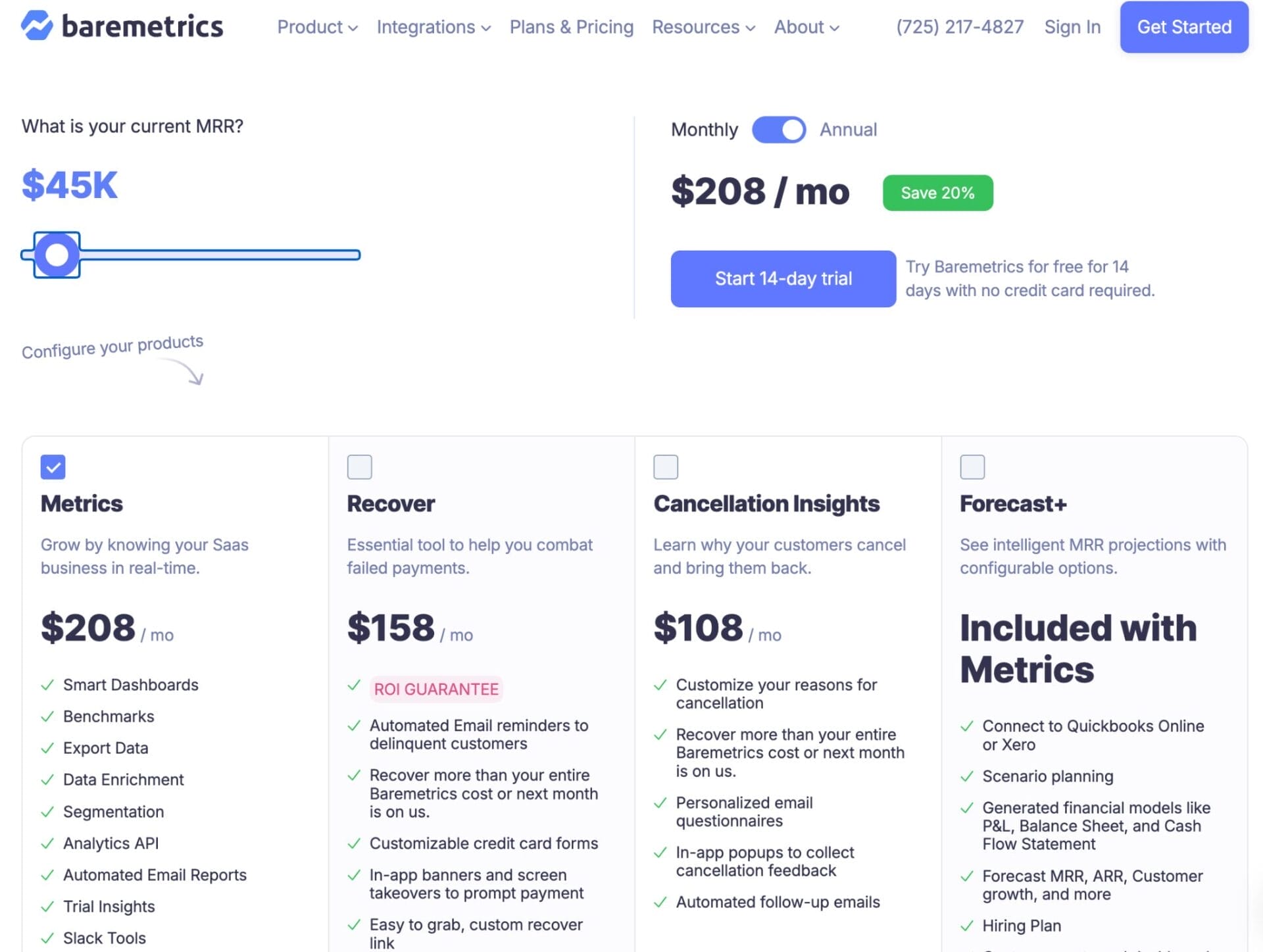 Baremetrics' pricing page showing customizable plans based on MRR