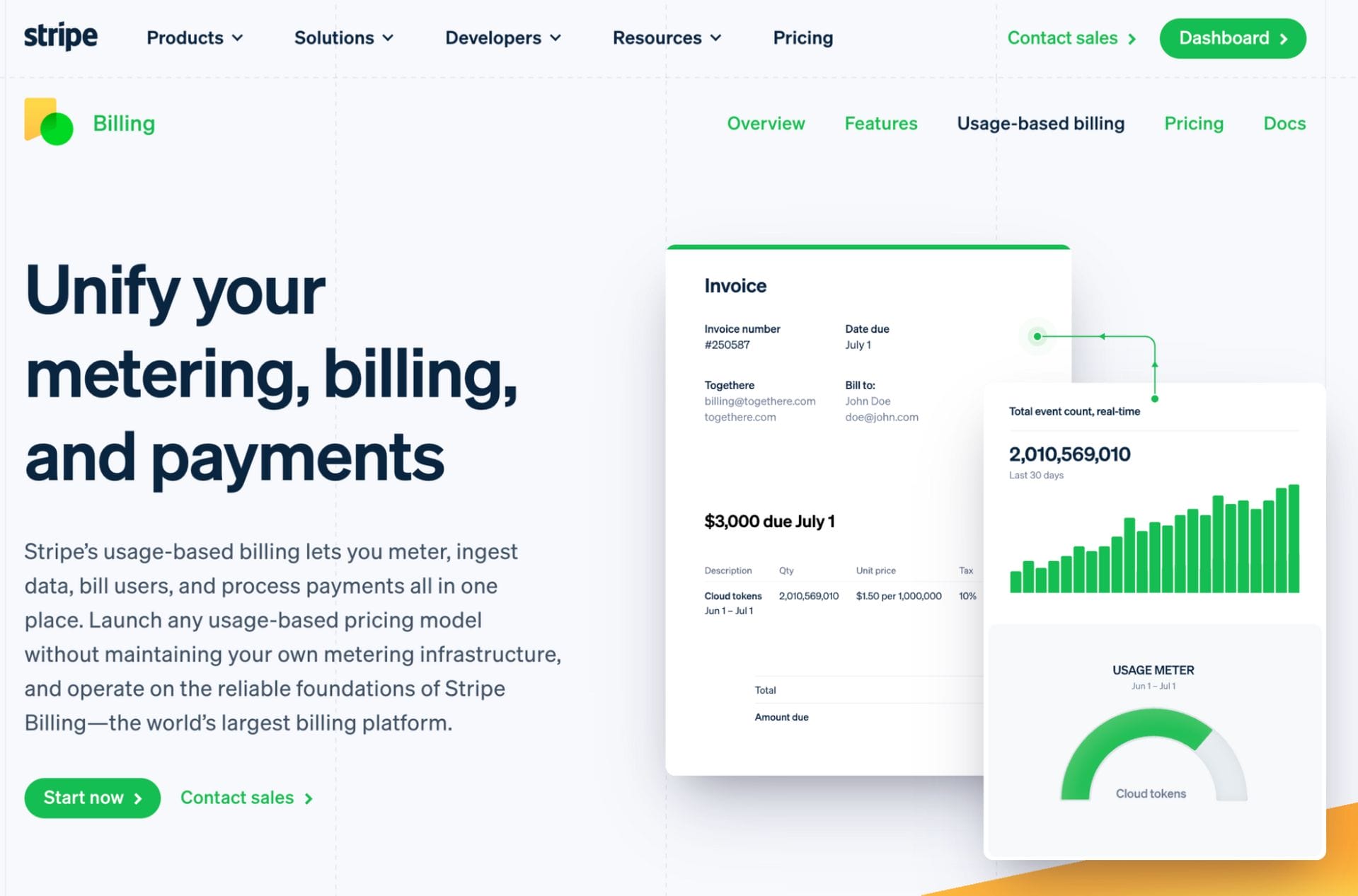 Stripe’s usage-based billing landing page