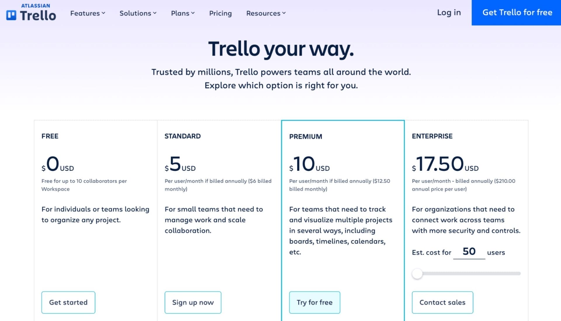 Trello’s pricing page showing its tiered per-user pricing model