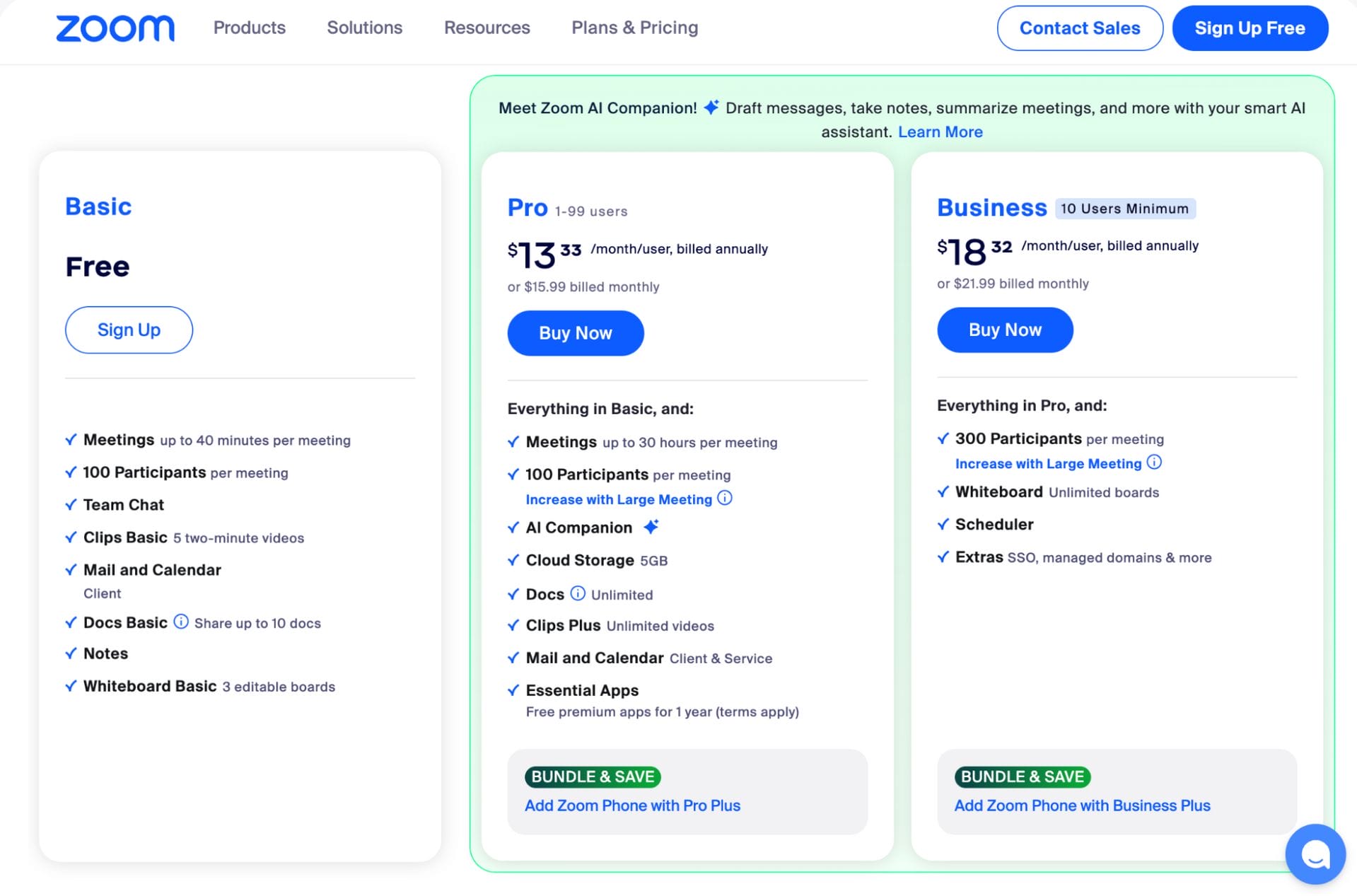 Zoom’s tier-based pricing model split between Basic, Pro, and Business accounts