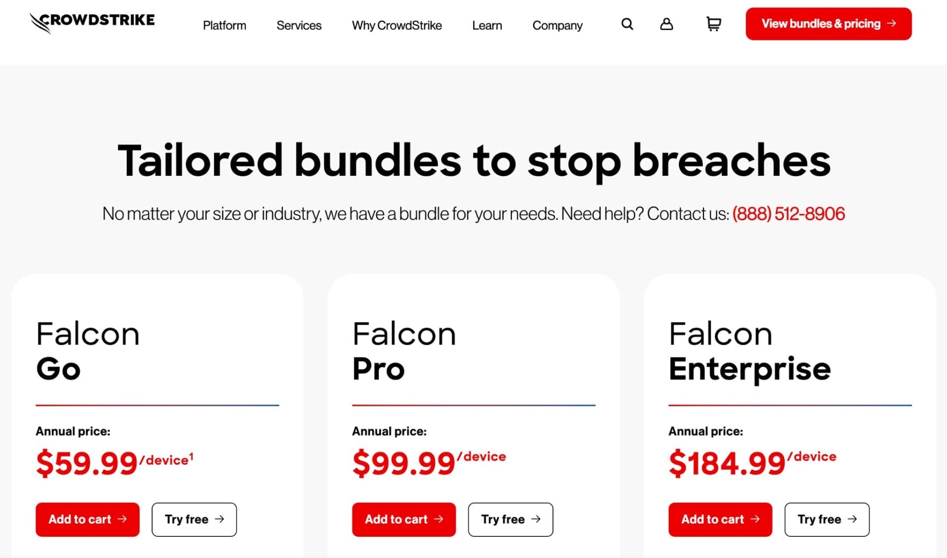 CrowdStrike's pricing page showcasing three tiered bundles