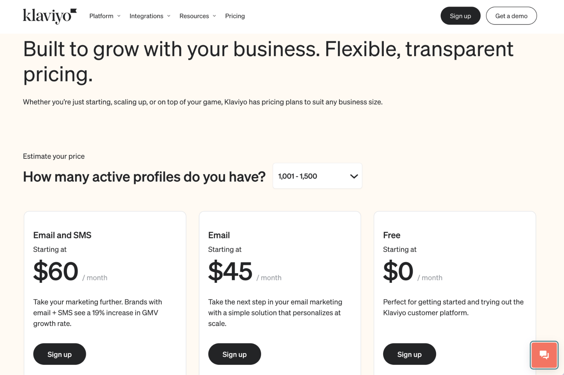 Klaviyo's pricing page displaying three separate pricing options