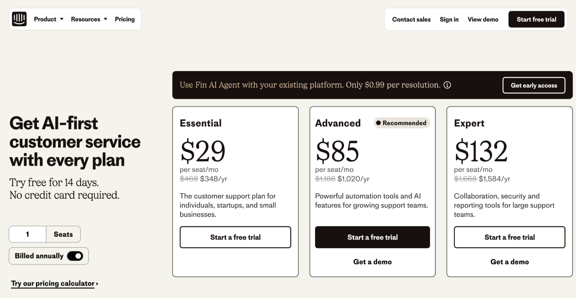 Intercom's pricing page showcasing three tiered pricing plans