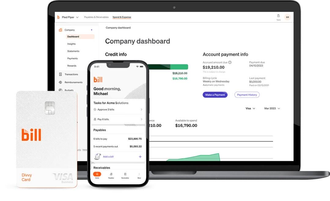A mockup of the BIll.com UI on Macbook, Iphone, and Visa credit card (Bill.com)